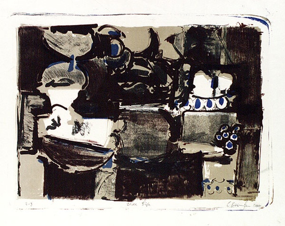 Artist: b'REDDINGTON, Charles' | Title: b'Still life' | Date: 1960 | Technique: b'lithograph, printed in colour, from four plates (black, blue, red and tan inks)' Artist: b'REDDINGTON, Charles' | Title: b'Still life' | Date: 1960 | Technique: b'lithograph, printed in colour, from four plates (black, blue, red and tan inks)'