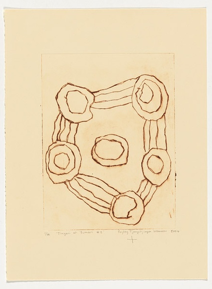 Artist: b'Tjampitjinpa Wamaar, Pegleg.' | Title: b'Tingari at Yumari #2' | Date: 2004 | Technique: b'drypoint etching, printed in brown ink, from one perspex plate' Artist: b'Tjampitjinpa Wamaar, Pegleg.' | Title: b'Tingari at Yumari #2' | Date: 2004 | Technique: b'drypoint etching, printed in brown ink, from one perspex plate'