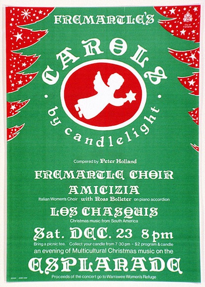 Artist: b'Cook, James.' | Title: bFremantle's Carols by candlelight. | Date: 1989 | Technique: b'screenprint, printed in colour, from two stencils' Artist: b'Cook, James.' | Title: bFremantle's Carols by candlelight. | Date: 1989 | Technique: b'screenprint, printed in colour, from two stencils'