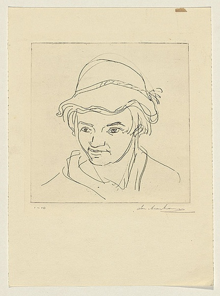 Artist: b'Armstrong, Ian.' | Title: b'(Head of a girl)' | Date: 1950s | Technique: b'etching, printed in black ink, from one plate'