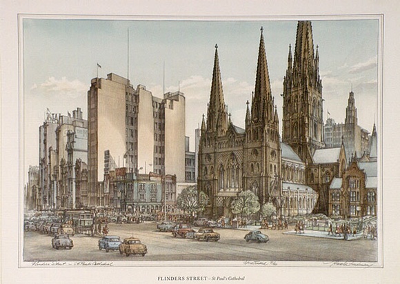 Artist: b'Freedman, Harold.' | Title: bFlinders Street - St Paul's Cathedral. | Date: 1962 | Technique: b'lithograph' Artist: b'Freedman, Harold.' | Title: bFlinders Street - St Paul's Cathedral. | Date: 1962 | Technique: b'lithograph'