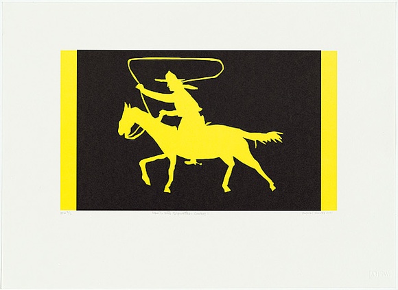 Artist: b'Rooney, Robert.' | Title: b'School arts silhouettes: cowboy I' | Date: 2001, July - August | Technique: b'photolithograph, printed in black and yellow ink, from two stones' | Copyright: b'Courtesy of Tolarno Galleries' Artist: b'Rooney, Robert.' | Title: b'School arts silhouettes: cowboy I' | Date: 2001, July - August | Technique: b'photolithograph, printed in black and yellow ink, from two stones' | Copyright: b'Courtesy of Tolarno Galleries'