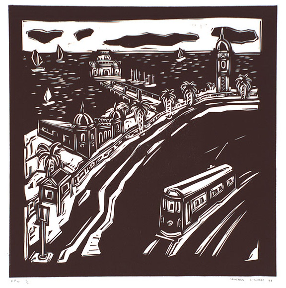 Artist: b'Lindsay, Cameron.' | Title: b'Lower Esplanade St. Kilda' | Date: 1995, September | Technique: b'linoblock, printed in black ink, from one block' Artist: b'Lindsay, Cameron.' | Title: b'Lower Esplanade St. Kilda' | Date: 1995, September | Technique: b'linoblock, printed in black ink, from one block'