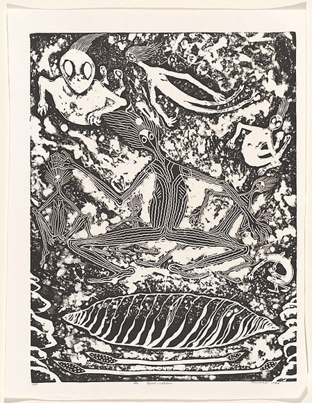 Title: b'The spirit catchers' | Date: 1980 | Technique: b'linocut and caustic etching, printed in black ink, from one block'