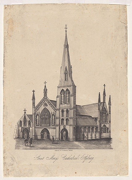 Artist: b'RANSOME, Richard' | Title: bSaint Mary's Cathedral, Sydney. | Date: c.1858 | Technique: b'engraving, printed in black ink, from one copper plate' Artist: b'RANSOME, Richard' | Title: bSaint Mary's Cathedral, Sydney. | Date: c.1858 | Technique: b'engraving, printed in black ink, from one copper plate'
