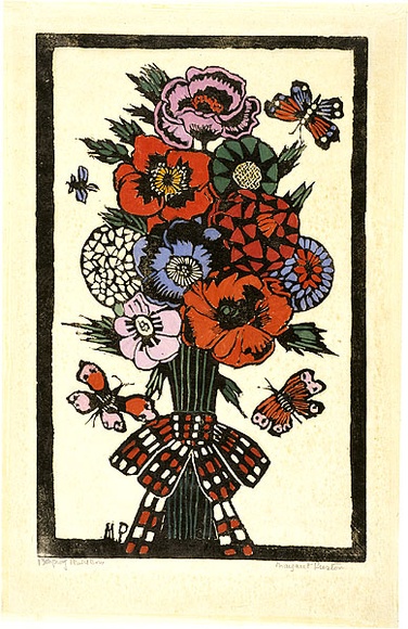 Artist: b'PRESTON, Margaret' | Title: b'Plaid bow' | Date: 1925 | Technique: b'woodcut, printed in black ink, from one block; hand-coloured' | Copyright: b'\xc2\xa9 Margaret Preston. Licensed by VISCOPY, Australia' Artist: b'PRESTON, Margaret' | Title: b'Plaid bow' | Date: 1925 | Technique: b'woodcut, printed in black ink, from one block; hand-coloured' | Copyright: b'\xc2\xa9 Margaret Preston. Licensed by VISCOPY, Australia'