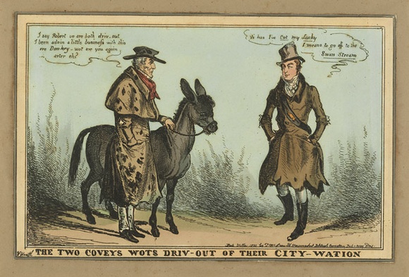 Title: b'The two coveys wots driv-out of their city-wation' | Date: 1830 | Technique: b'etching, printed in black ink, from one plate; hand-coloured; grey watercolour border' Title: b'The two coveys wots driv-out of their city-wation' | Date: 1830 | Technique: b'etching, printed in black ink, from one plate; hand-coloured; grey watercolour border'