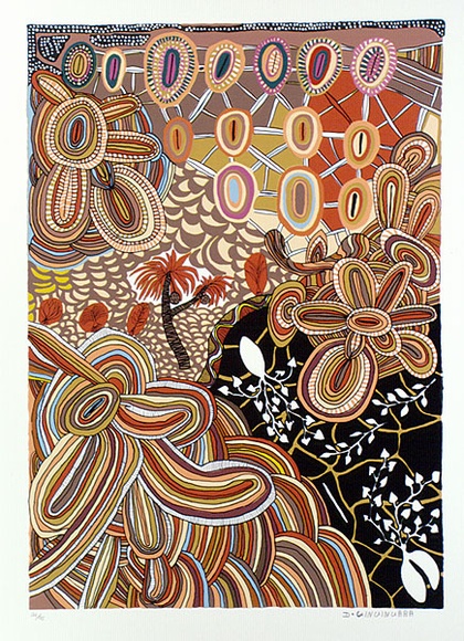 Artist: b'Gingingara, Doris.' | Title: b'Grinding stones and tree bark' | Date: 1989 | Technique: b'screenprint, printed in colour, from multiple stencils' Artist: b'Gingingara, Doris.' | Title: b'Grinding stones and tree bark' | Date: 1989 | Technique: b'screenprint, printed in colour, from multiple stencils'
