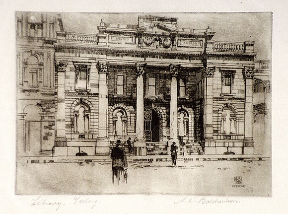 Artist: b'Baldwinson, Arthur.' | Title: b'Free Library, Geelong.' | Date: 1928 | Technique: b'etching, printed in dark brown ink with plate-tone, from one plate' Artist: b'Baldwinson, Arthur.' | Title: b'Free Library, Geelong.' | Date: 1928 | Technique: b'etching, printed in dark brown ink with plate-tone, from one plate'