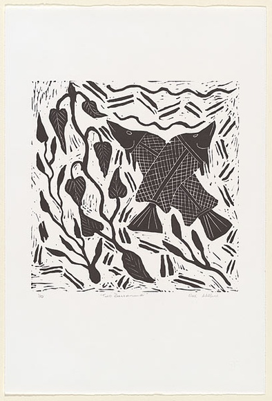 Artist: b'Wilfred, Rex.' | Title: b'Two barramundi' | Date: c.2001 | Technique: b'linocut, printed in black ink, from one block' Artist: b'Wilfred, Rex.' | Title: b'Two barramundi' | Date: c.2001 | Technique: b'linocut, printed in black ink, from one block'