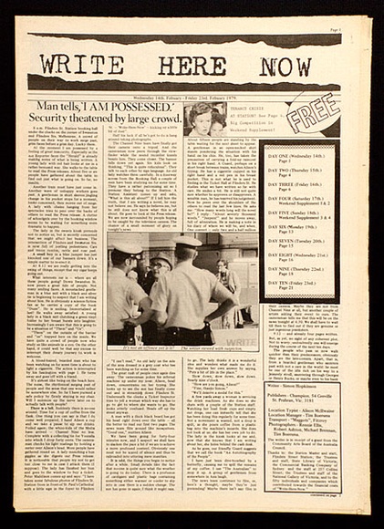 Artist: b'Hopkinson, Simon.' | Title: b'Write here now. Melbourne, Champion Press, 1979.' | Date: 1979 | Technique: b'offset-lithograph, printed in black ink' Artist: b'Hopkinson, Simon.' | Title: b'Write here now. Melbourne, Champion Press, 1979.' | Date: 1979 | Technique: b'offset-lithograph, printed in black ink'