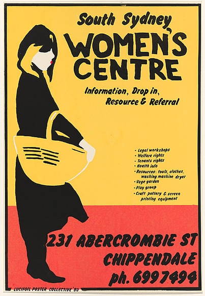 Artist: b'Morrow, David.' | Title: bSouth Sydney Women's Centre. | Date: 1980 | Technique: b'screenprint, printed in colour, from three stencils' Artist: b'Morrow, David.' | Title: bSouth Sydney Women's Centre. | Date: 1980 | Technique: b'screenprint, printed in colour, from three stencils'
