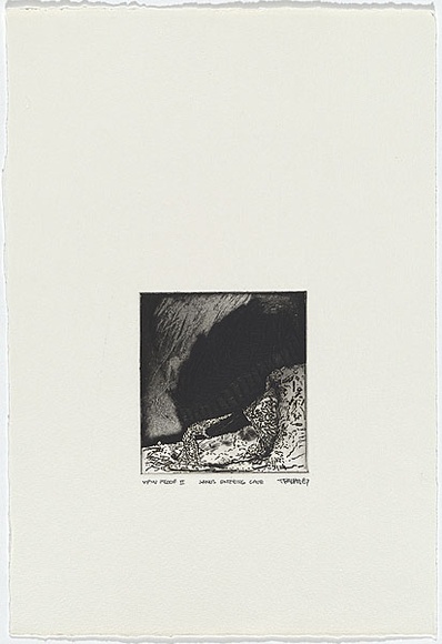 Artist: b'Ralph, Timothy' | Title: b'Janus entering cave' | Date: 1987 | Technique: b'etching and aquatint, printed in black ink with plate-tone, from one plate' | Copyright: b'\xc2\xa9 Timothy Ralph. Licensed by VISCOPY, Australia' Artist: b'Ralph, Timothy' | Title: b'Janus entering cave' | Date: 1987 | Technique: b'etching and aquatint, printed in black ink with plate-tone, from one plate' | Copyright: b'\xc2\xa9 Timothy Ralph. Licensed by VISCOPY, Australia'