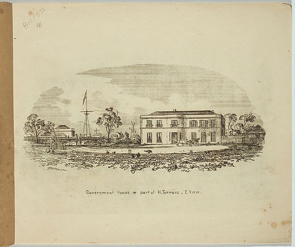 Artist: b'Nixon, F.R.' | Title: b'Government House, part of North Terrace, East view.' | Date: 1845 | Technique: b'etching, printed in black ink, from one plate' Artist: b'Nixon, F.R.' | Title: b'Government House, part of North Terrace, East view.' | Date: 1845 | Technique: b'etching, printed in black ink, from one plate'