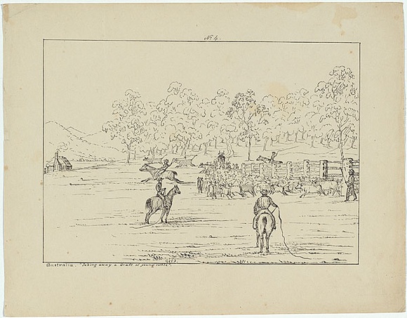 Title: b'Taking away a draft of young cattle' | Date: c.1853 | Technique: b'lithograph, printed in black ink, from one stone' Title: b'Taking away a draft of young cattle' | Date: c.1853 | Technique: b'lithograph, printed in black ink, from one stone'