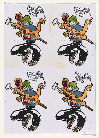 Title: b'BYRD sticker' | Date: 2009 | Technique: b'photocopy, printed in black ink, from hand-drawn artwork; stencil, printed in colour aerosol paint, from multiple stencils'