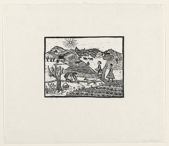 Artist: b'Groblicka, Lidia.' | Title: b'Naive village' | Date: 1961 | Technique: b'woodcut, printed in black ink, from one block' Artist: b'Groblicka, Lidia.' | Title: b'Naive village' | Date: 1961 | Technique: b'woodcut, printed in black ink, from one block'