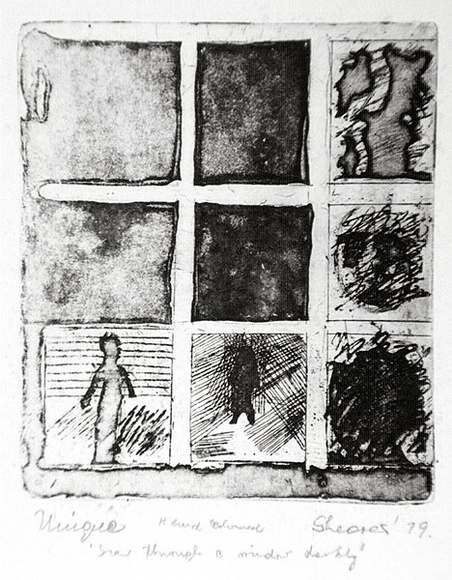 Artist: b'Shearer, Mitzi.' | Title: b'See through a window darkly' | Date: 1979 | Technique: b'etching and aquatint, printed in black ink, from one plate, hand-coloured' Artist: b'Shearer, Mitzi.' | Title: b'See through a window darkly' | Date: 1979 | Technique: b'etching and aquatint, printed in black ink, from one plate, hand-coloured'