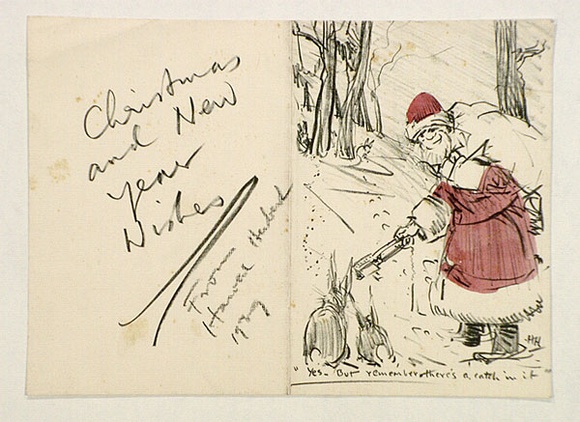 Artist: b'Herbert, Harold.' | Title: b'Greeting card: Christmas Yes - but remember there\'s a catch in it' | Date: 1939 | Technique: b'lithoraph, printed in black ink, from one stone; hand-coloured' Artist: b'Herbert, Harold.' | Title: b'Greeting card: Christmas Yes - but remember there\'s a catch in it' | Date: 1939 | Technique: b'lithoraph, printed in black ink, from one stone; hand-coloured'