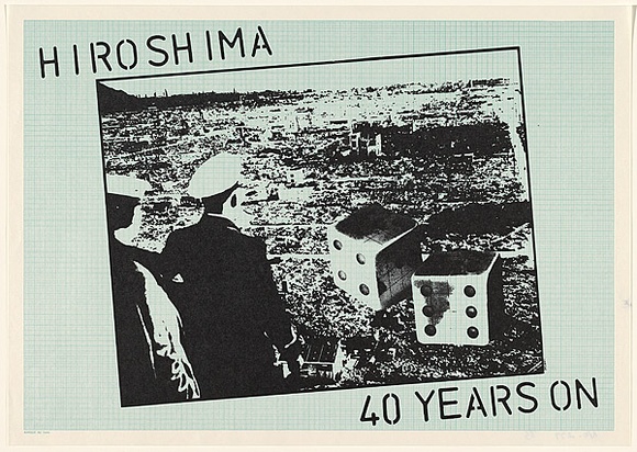Artist: b'Mizzi, Denis.' | Title: b'Hiroshima - 40 years on' | Date: 1985 | Technique: b'screenprint, printed in black ink, from one stencil' Artist: b'Mizzi, Denis.' | Title: b'Hiroshima - 40 years on' | Date: 1985 | Technique: b'screenprint, printed in black ink, from one stencil'
