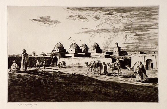 Artist: b'LINDSAY, Lionel' | Title: b'The Mosque of the Sabres, Kairouan, Tunisia' | Date: 1929 | Technique: b'drypoint, printed in warm black ink with plate-tone, from one plate' | Copyright: b'Courtesy of the National Library of Australia' Artist: b'LINDSAY, Lionel' | Title: b'The Mosque of the Sabres, Kairouan, Tunisia' | Date: 1929 | Technique: b'drypoint, printed in warm black ink with plate-tone, from one plate' | Copyright: b'Courtesy of the National Library of Australia'