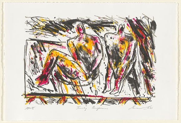 Artist: b'Lee, Graeme.' | Title: b'Touchy performers' | Date: 1997, November | Technique: b'lithograph, printed in colour, from four stones' Artist: b'Lee, Graeme.' | Title: b'Touchy performers' | Date: 1997, November | Technique: b'lithograph, printed in colour, from four stones'