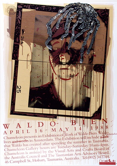 Artist: b'ARNOLD, Raymond' | Title: b'Waldo Bien, Chameleon Galleries, Hobart.' | Date: 1988 | Technique: b'screenprint, printed in colour, from multiple stencils' Artist: b'ARNOLD, Raymond' | Title: b'Waldo Bien, Chameleon Galleries, Hobart.' | Date: 1988 | Technique: b'screenprint, printed in colour, from multiple stencils'