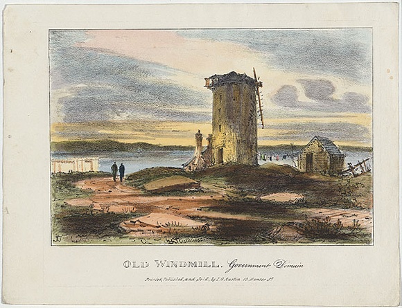 Artist: b'Russell, Robert.' | Title: b'Old windmill, Government Domain.' | Date: 1836 | Technique: b'lithograph, printed in black ink, from one stone; hand-coloured' Artist: b'Russell, Robert.' | Title: b'Old windmill, Government Domain.' | Date: 1836 | Technique: b'lithograph, printed in black ink, from one stone; hand-coloured'