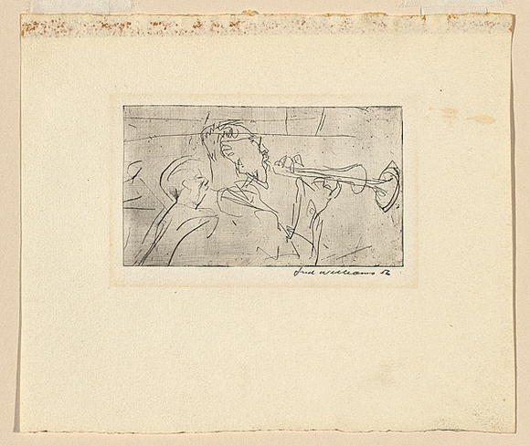 Title: b'The trumpeter' | Date: c.1954-55 | Technique: b'etching and drypoint, printed in black ink, from one copper plate'