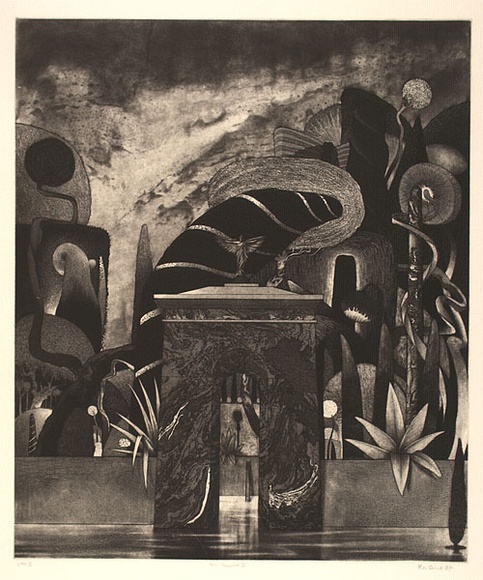 Artist: b'Quick, Ron.' | Title: bFool's paradise III | Date: 1987 | Technique: b'etching, aquatint, roulette, scraping and burnishing, printed in black ink, from one plate' Artist: b'Quick, Ron.' | Title: bFool's paradise III | Date: 1987 | Technique: b'etching, aquatint, roulette, scraping and burnishing, printed in black ink, from one plate'