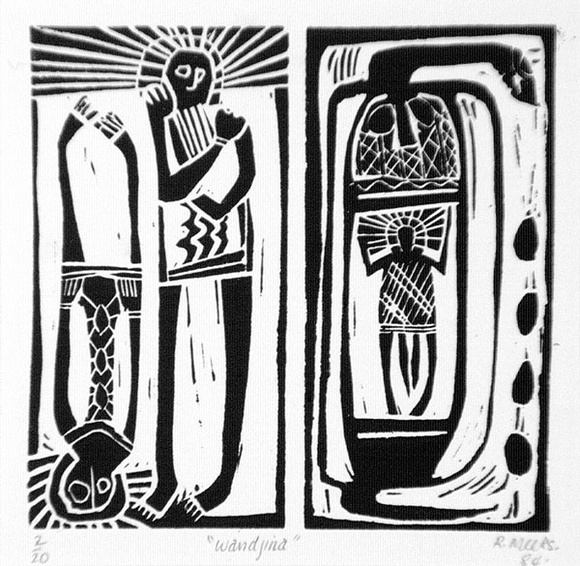 Artist: b'Meeks, Arone Raymond.' | Title: b'Wandjina' | Date: 1984 | Technique: b'linocut, printed in black ink, from one block' Artist: b'Meeks, Arone Raymond.' | Title: b'Wandjina' | Date: 1984 | Technique: b'linocut, printed in black ink, from one block'