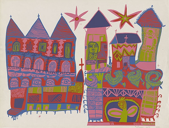 Artist: b'Kepo, Teruwai.' | Title: b'Anglican haus lotu (Anglican Church).' | Date: about 1975 | Technique: b'screenprint, printed in colour, from five screens' Artist: b'Kepo, Teruwai.' | Title: b'Anglican haus lotu (Anglican Church).' | Date: about 1975 | Technique: b'screenprint, printed in colour, from five screens'