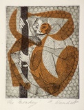 Artist: Wienholt, Anne. | Title: The monkey | Technique: engraving, printed in black ink, from one copper plate; orange ink applied through cut paper stencil