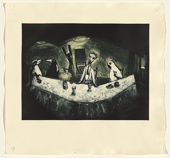 Artist: b'Shead, Garry.' | Title: b'Supper' | Date: 1994-95 | Technique: b'etching, aquatint and sugarlift printed in blue-black and yellow inks, from two plates' | Copyright: b'\xc2\xa9 Garry Shead' Artist: b'Shead, Garry.' | Title: b'Supper' | Date: 1994-95 | Technique: b'etching, aquatint and sugarlift printed in blue-black and yellow inks, from two plates' | Copyright: b'\xc2\xa9 Garry Shead'