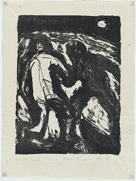 Artist: b'MADDOCK, Bea' | Title: b'Night escape' | Date: 1963 | Technique: b'lithograph worked in litho crayon and touche, printed in black ink by hand-burnishing, from one stone' Artist: b'MADDOCK, Bea' | Title: b'Night escape' | Date: 1963 | Technique: b'lithograph worked in litho crayon and touche, printed in black ink by hand-burnishing, from one stone'