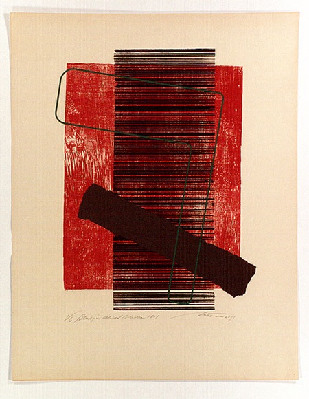 Artist: b'Croston, Doug' | Title: b'Study in mixed media no.1.' | Date: 1975 | Technique: b'screenprint, printed in colour, from three stencils; woodblock' | Copyright: b'Courtesy of the artist' Artist: b'Croston, Doug' | Title: b'Study in mixed media no.1.' | Date: 1975 | Technique: b'screenprint, printed in colour, from three stencils; woodblock' | Copyright: b'Courtesy of the artist'