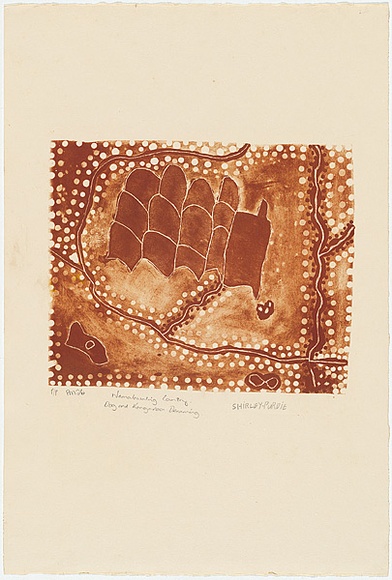 Artist: b'Purdie, Shirley.' | Title: b'Nemalowaling country / dog and kangaroo dreaming' | Date: 1995 | Technique: b'lithograph, printed red-brown ink, from one stone' Artist: b'Purdie, Shirley.' | Title: b'Nemalowaling country / dog and kangaroo dreaming' | Date: 1995 | Technique: b'lithograph, printed red-brown ink, from one stone'