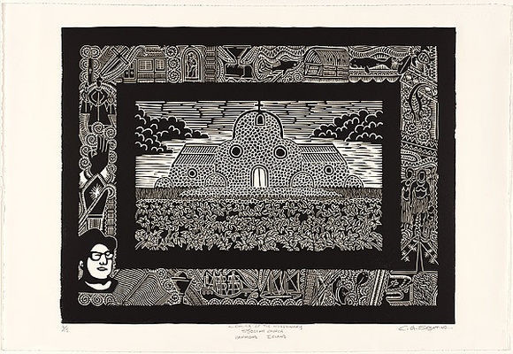 Artist: b'SABATINO, Nino' | Title: b'Coming of the missionaries, St Joseph Church, Hammond Island' | Date: c.2002 | Technique: b'linocut, printed in black ink, from one block' Artist: b'SABATINO, Nino' | Title: b'Coming of the missionaries, St Joseph Church, Hammond Island' | Date: c.2002 | Technique: b'linocut, printed in black ink, from one block'