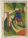 Artist: Black, Dorrit. | Title: The lawn mower. | Date: c.1932 | Technique: linocut, printed in colour, from four blocks (brick red, yellow ochre, emerald green, dark blue)