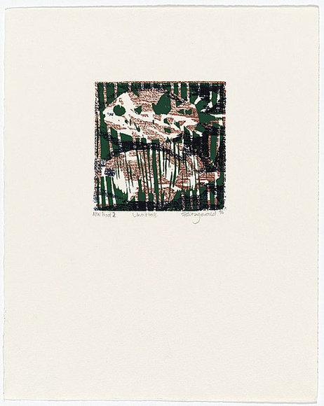 Artist: b'Fitzgerald, Tristana.' | Title: b'Untitled' | Date: 1996 | Technique: b'woodcut, printed in black green and brown ink, from three blocks' Artist: b'Fitzgerald, Tristana.' | Title: b'Untitled' | Date: 1996 | Technique: b'woodcut, printed in black green and brown ink, from three blocks'
