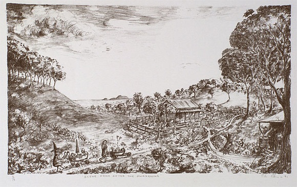 Artist: b'Gibson, Peter.' | Title: b'Scene from after the awakening' | Date: 1991 | Technique: b'lithograph, printed in black ink, from one stone' Artist: b'Gibson, Peter.' | Title: b'Scene from after the awakening' | Date: 1991 | Technique: b'lithograph, printed in black ink, from one stone'