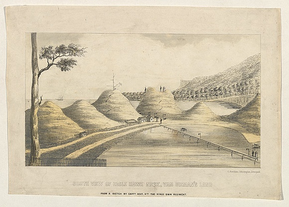 Title: bSouth view of Eagle Hawk Neck, Van Diemen's Land | Date: c.1855 | Technique: b'lithograph, printed in colour, from multiple stones' Title: bSouth view of Eagle Hawk Neck, Van Diemen's Land | Date: c.1855 | Technique: b'lithograph, printed in colour, from multiple stones'
