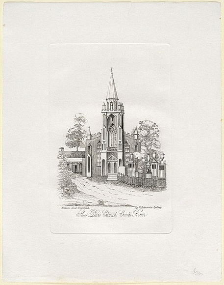 Title: bSt. Peter's Church, Cook's River. | Date: c.1851 | Technique: b'line-engraving, printed in black ink, from one copper plate' Title: bSt. Peter's Church, Cook's River. | Date: c.1851 | Technique: b'line-engraving, printed in black ink, from one copper plate'