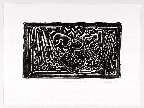 Artist: b'Blundell, Richard.' | Title: b'Search for meaning/taking the stage/the little comedy.' | Date: 1988 | Technique: b'relief-etching, printed in black ink, from one plate' Artist: b'Blundell, Richard.' | Title: b'Search for meaning/taking the stage/the little comedy.' | Date: 1988 | Technique: b'relief-etching, printed in black ink, from one plate'