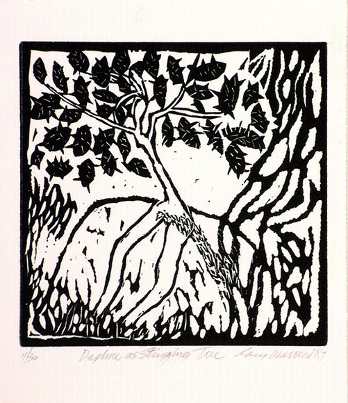 Artist: b'Warren, Guy.' | Title: b'Daphne as Stinging tree.' | Date: 1987 | Technique: b'linocut, printed in black ink, from one block' Artist: b'Warren, Guy.' | Title: b'Daphne as Stinging tree.' | Date: 1987 | Technique: b'linocut, printed in black ink, from one block'