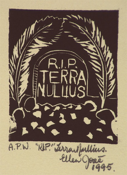 Artist: b'JOSE, Ellen' | Title: b'R.I.P. terra nullius' | Date: 1995, December | Technique: b'linocut, printed in black ink, from one block' Artist: b'JOSE, Ellen' | Title: b'R.I.P. terra nullius' | Date: 1995, December | Technique: b'linocut, printed in black ink, from one block'