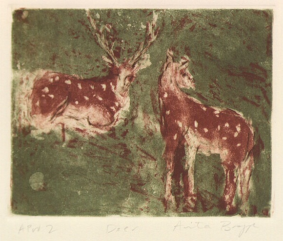 Artist: b'Bragge, Anita.' | Title: b'Deer' | Date: 1998, September | Technique: b'etching, printed in brown and green ink, from two plates' Artist: b'Bragge, Anita.' | Title: b'Deer' | Date: 1998, September | Technique: b'etching, printed in brown and green ink, from two plates'