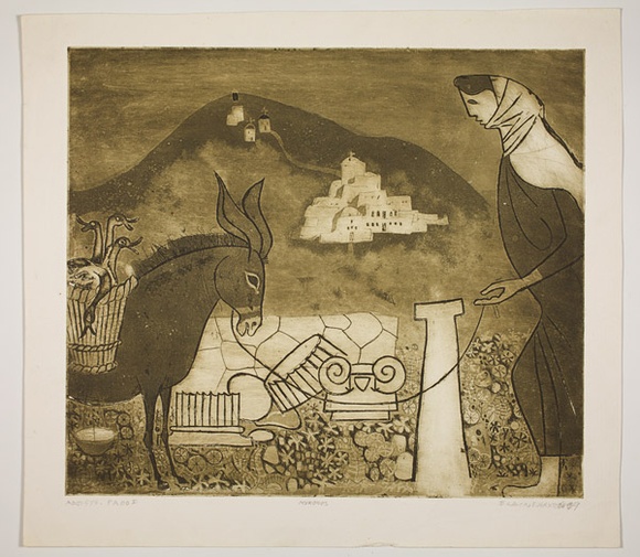 Artist: b'Haxton, Elaine' | Title: b'Mykonos' | Date: 1969 | Technique: b'etching and aquatint, printed in brown-green ink' Artist: b'Haxton, Elaine' | Title: b'Mykonos' | Date: 1969 | Technique: b'etching and aquatint, printed in brown-green ink'