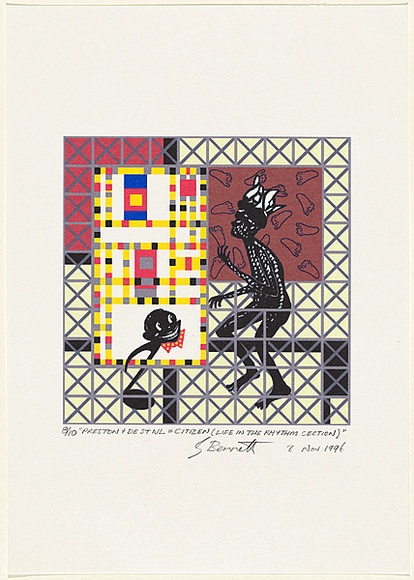 Artist: b'Bennett, Gordon.' | Title: b'Preston + de Stijl = Citizen (life in the rhythm section).' | Date: 1996, 8 November | Technique: b'inkjet print, printed in colour, from digital file' | Copyright: b'\xc2\xa9 Gordon Bennett, Licensed by VISCOPY, Australia' Artist: b'Bennett, Gordon.' | Title: b'Preston + de Stijl = Citizen (life in the rhythm section).' | Date: 1996, 8 November | Technique: b'inkjet print, printed in colour, from digital file' | Copyright: b'\xc2\xa9 Gordon Bennett, Licensed by VISCOPY, Australia'