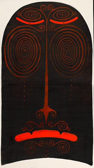 Artist: b'NAILS,' | Title: b'Not titled (face with concentric circles for eyes).' | Date: 2004 | Technique: b'stencil, printed in black and orange ink, from two stencils; spray varnish' Artist: b'NAILS,' | Title: b'Not titled (face with concentric circles for eyes).' | Date: 2004 | Technique: b'stencil, printed in black and orange ink, from two stencils; spray varnish'